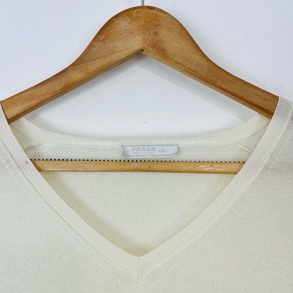 Prada Cream 100% Cotton Fine Knit V Neckline Classic Pullover Jumper UK L - Picture 3 of 12